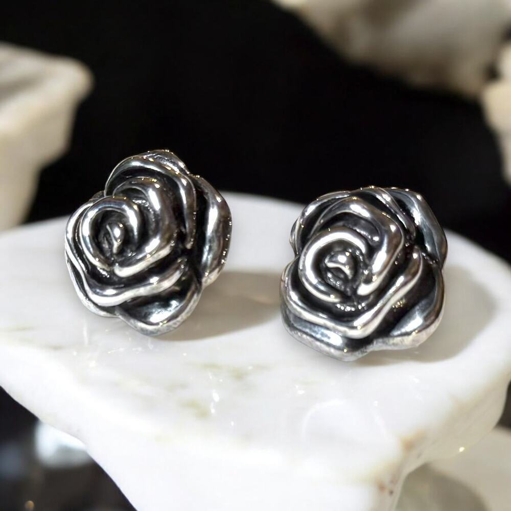 Sliver Plated Earrings Womens Rose Blossoms Boho Regency Floral Studs POSTS